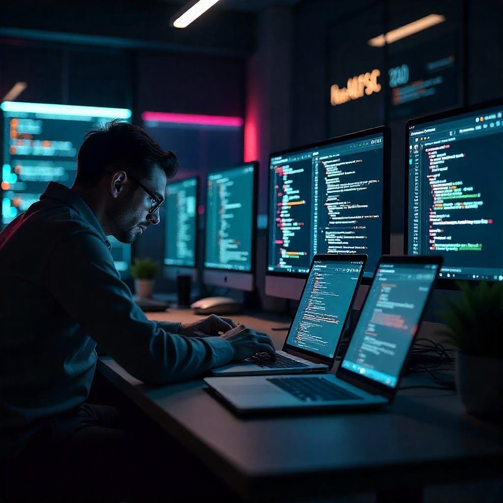 A laptop displaying 'Digital Marketing' with a minimalist floral decor in a glass vase.
